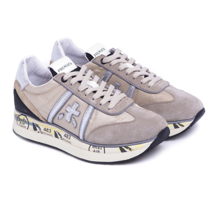 Donna Premiata Sneakers | Sneaker Premiata Conny In Camoscio E Tessutogrigio Perla