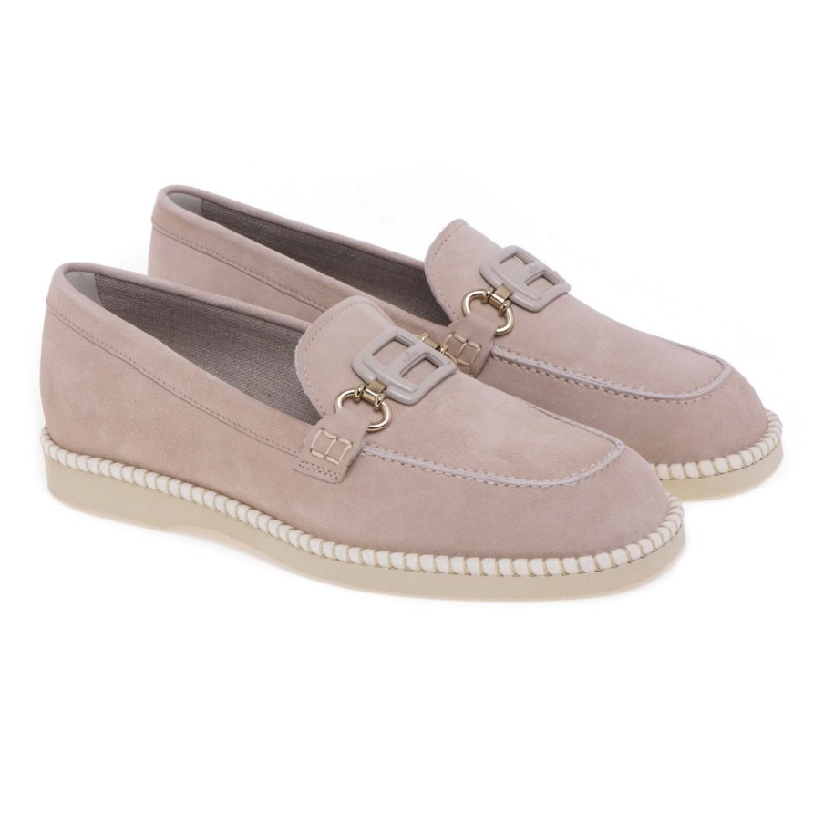 Donna Hogan Polacchi | Mocassino Hogan H642 In Camoscio Con Morsetto Beige