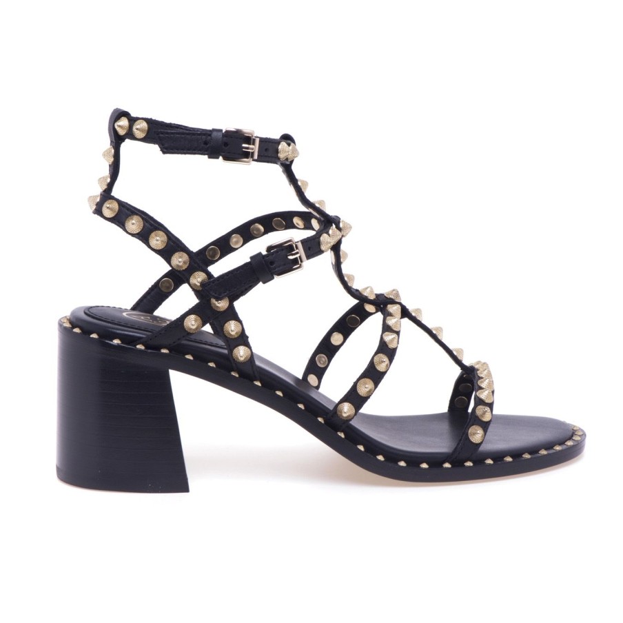 Donna Ash Sandali | Sandalo Ash "Jen" In Pelle Con Borchie Zigrinate E Tacco 60 Mmnero