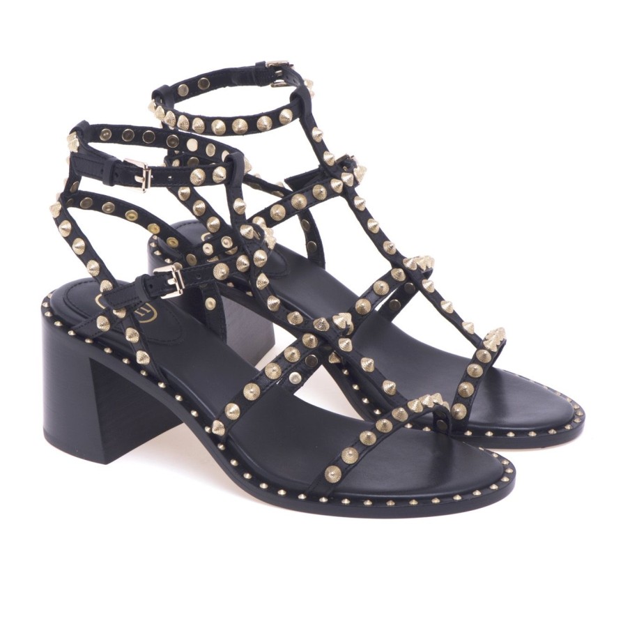 Donna Ash Sandali | Sandalo Ash "Jen" In Pelle Con Borchie Zigrinate E Tacco 60 Mmnero