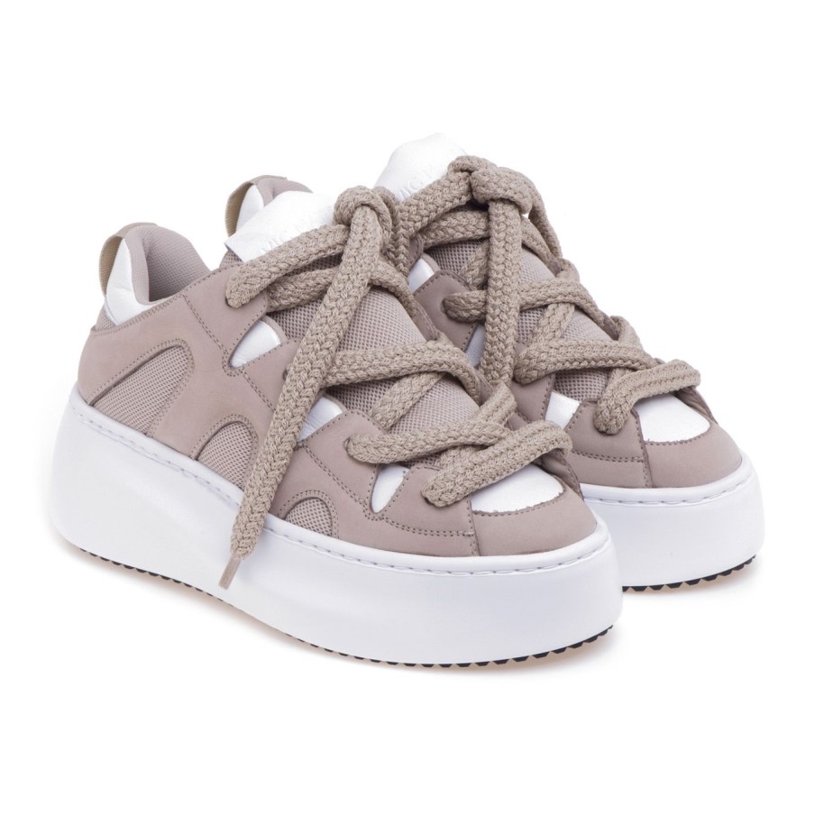 Donna Vic Matie' Sneakers | Sneaker Vic Matie In Nabuck E Tessuto Con Maxi Laccio Beige