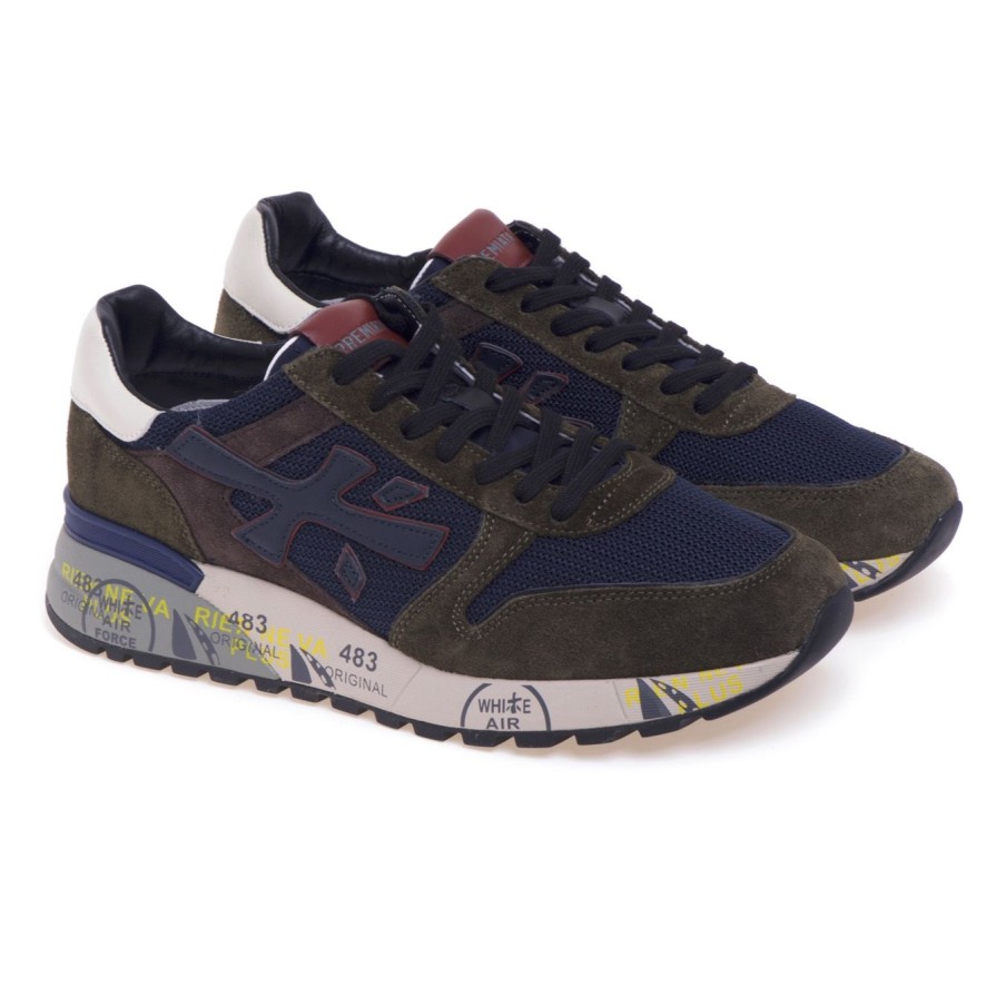 Uomo Premiata Sneakers | Sneaker Premiata Mick In Camoscio E Tessuto Verde Militare / Blu