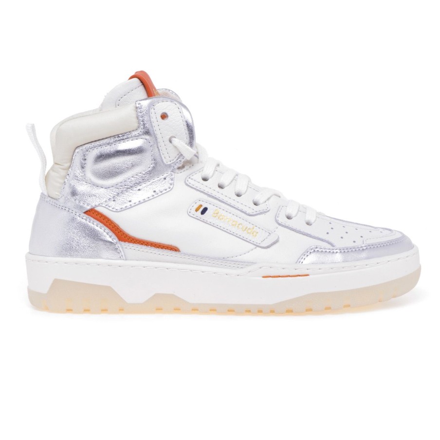 Donna Barracuda Sneakers | Sneaker Alta Barracuda 'Earving' In Pelle E Camoscio Bianco - Argento