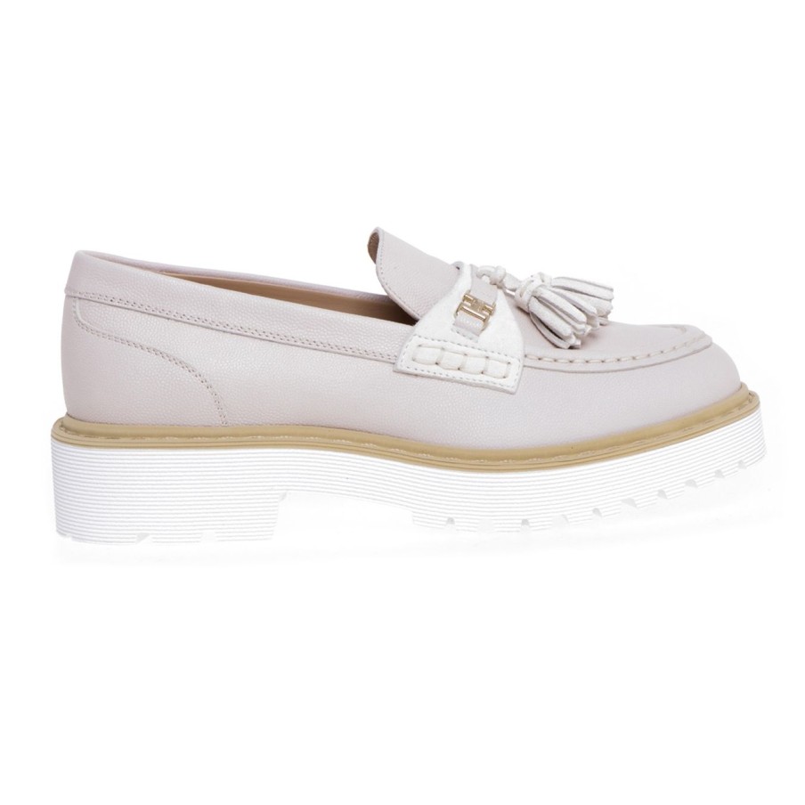 Donna Hogan Mocassini E Ballerine | Mocassino Hogan H543 In Pelle Con Morsetto E Nappine Bianco Marmo