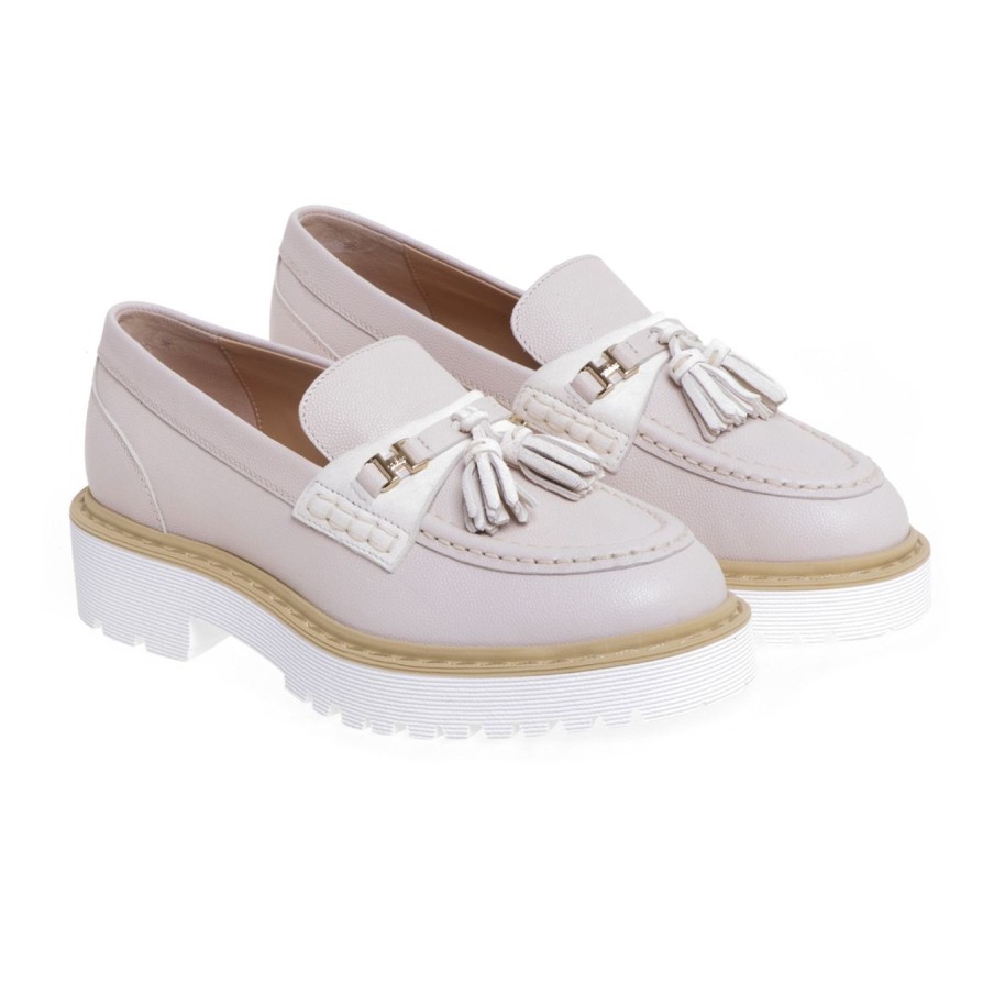 Donna Hogan Mocassini E Ballerine | Mocassino Hogan H543 In Pelle Con Morsetto E Nappine Bianco Marmo