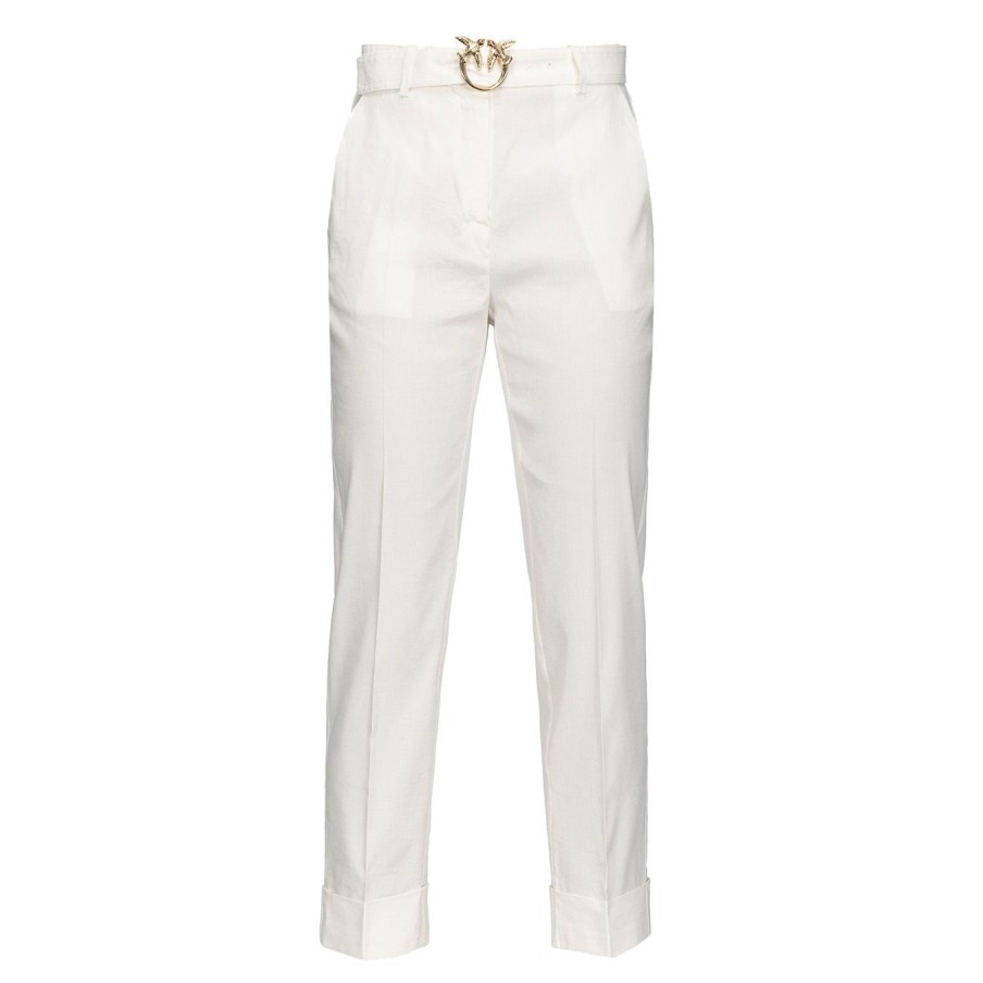 Donna Pinko Pantaloni | Pantalone Pinko In Lino Stretch Con Cintura Love Birds White