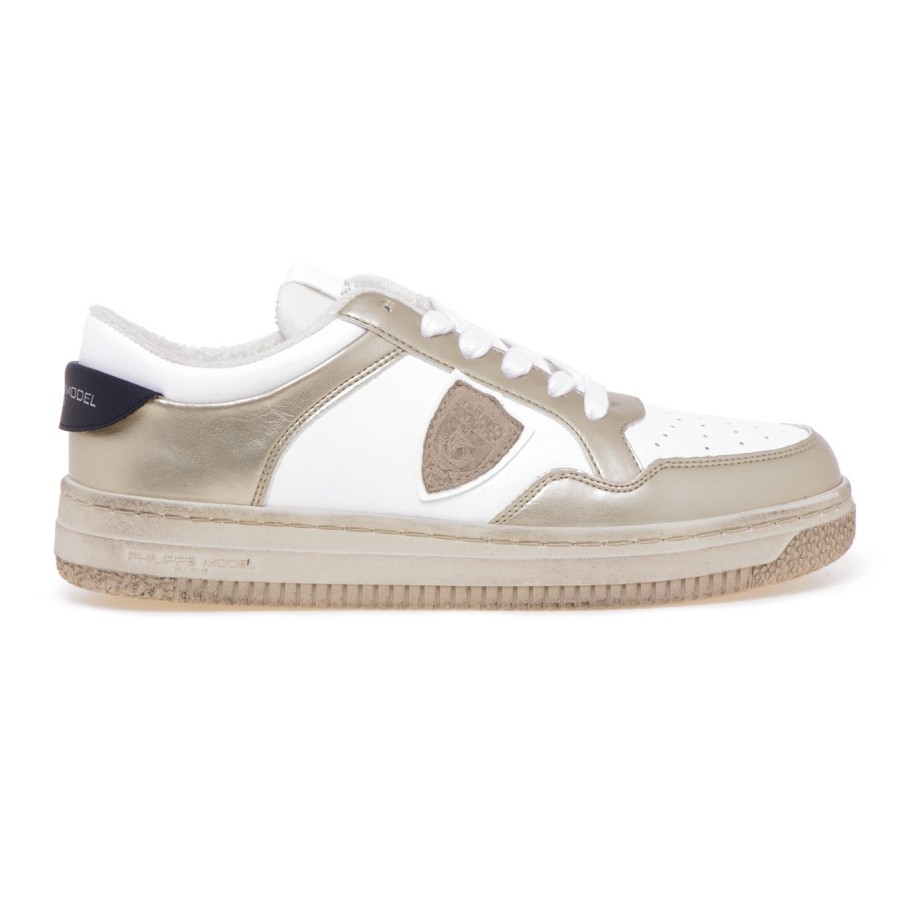 Donna Philippe Model Sneakers | Sneaker Philippe Model Lyon In Tessuto Vegan Bianco - Oro