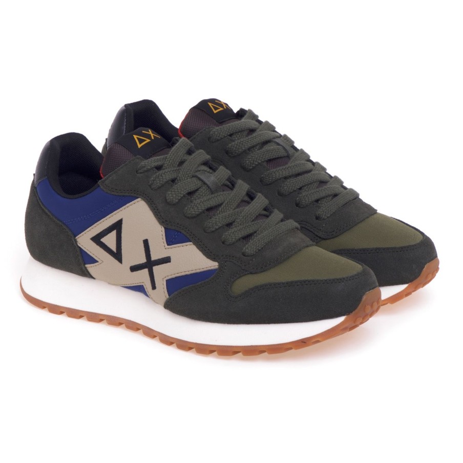 Uomo Sun 68 Sneakers | Sneaker Sun68 Jaki Bicolor In Camoscio E Tessuto Con Maxi Logo In Pellenavy Blue - Militare Scuro