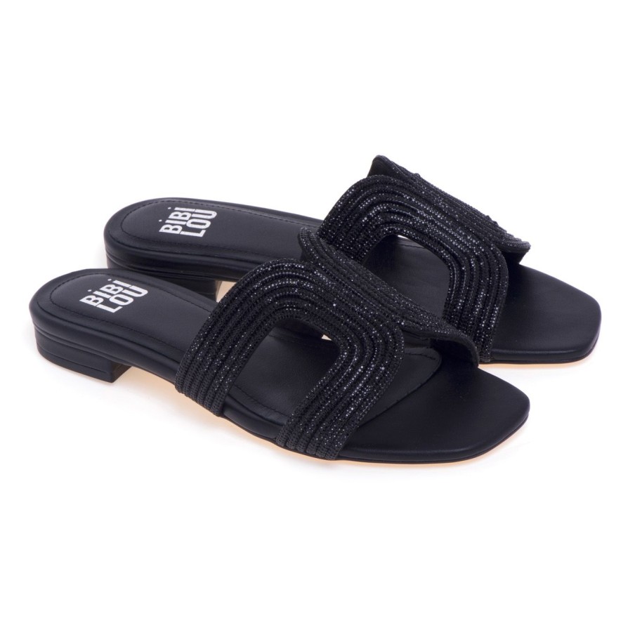 Donna Bibi Lou Ciabatte E Sabot | Ciabatta Bibi Lou In Tessuto Con Strass Nero