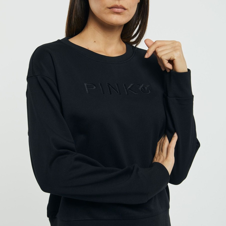 Donna Pinko Maglieria | Felpa In Cotone Pinko Con Logo Ricamato Black