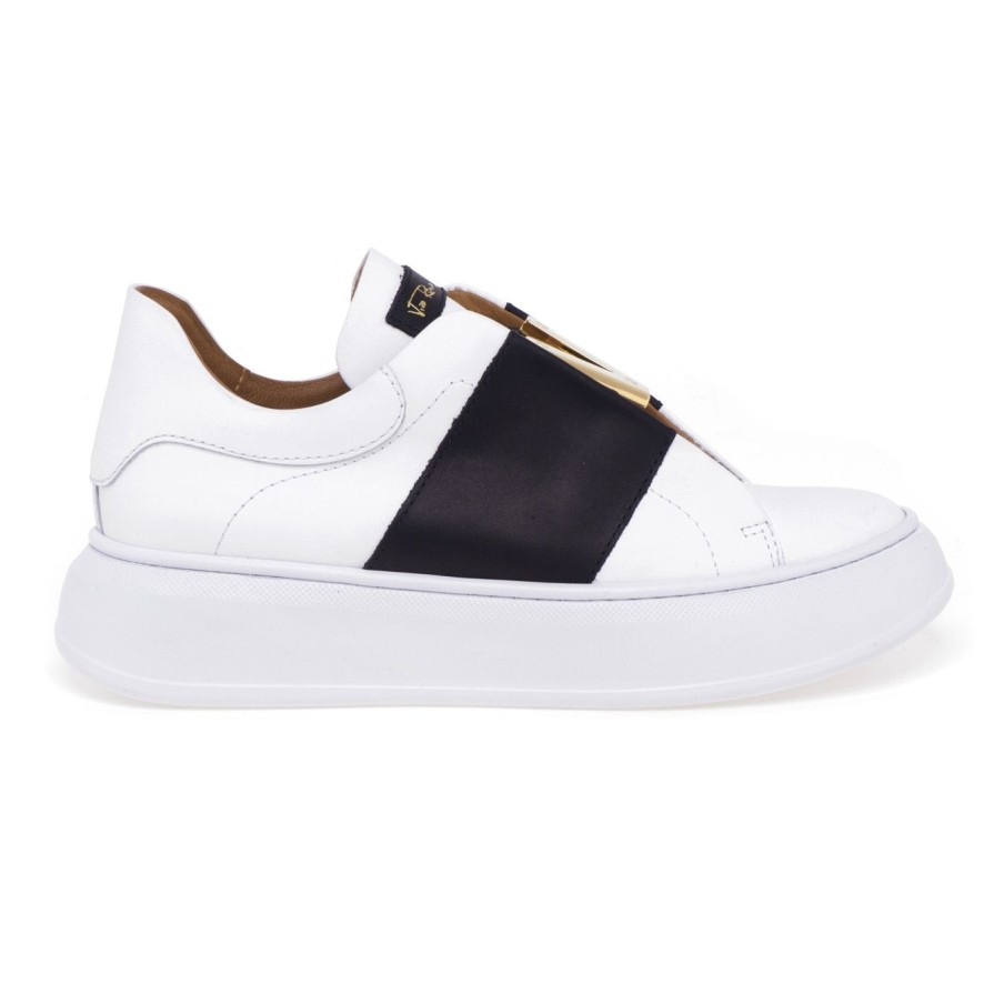 Donna Via Roma 15 Sneakers | Sneaker Slip-On Via Roma 15 In Pelle Con Fascia Nera E "V" In Metallobianco - Nero