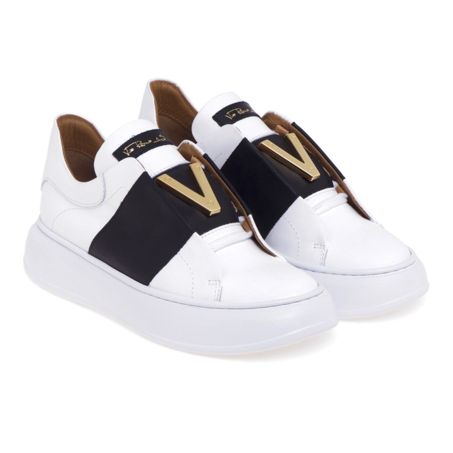 Donna Via Roma 15 Sneakers | Sneaker Slip-On Via Roma 15 In Pelle Con Fascia Nera E "V" In Metallobianco - Nero