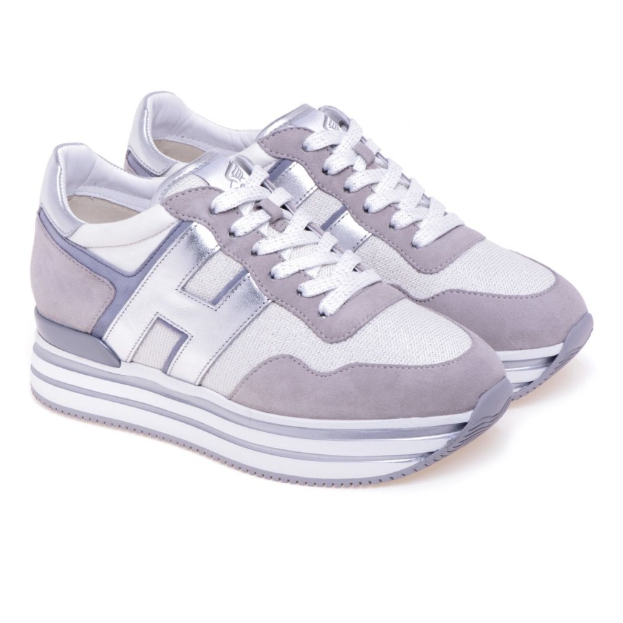 Donna Hogan Sneakers | Sneaker Hogan Midi Platform In Camoscio E Tessutobianco - Grigio