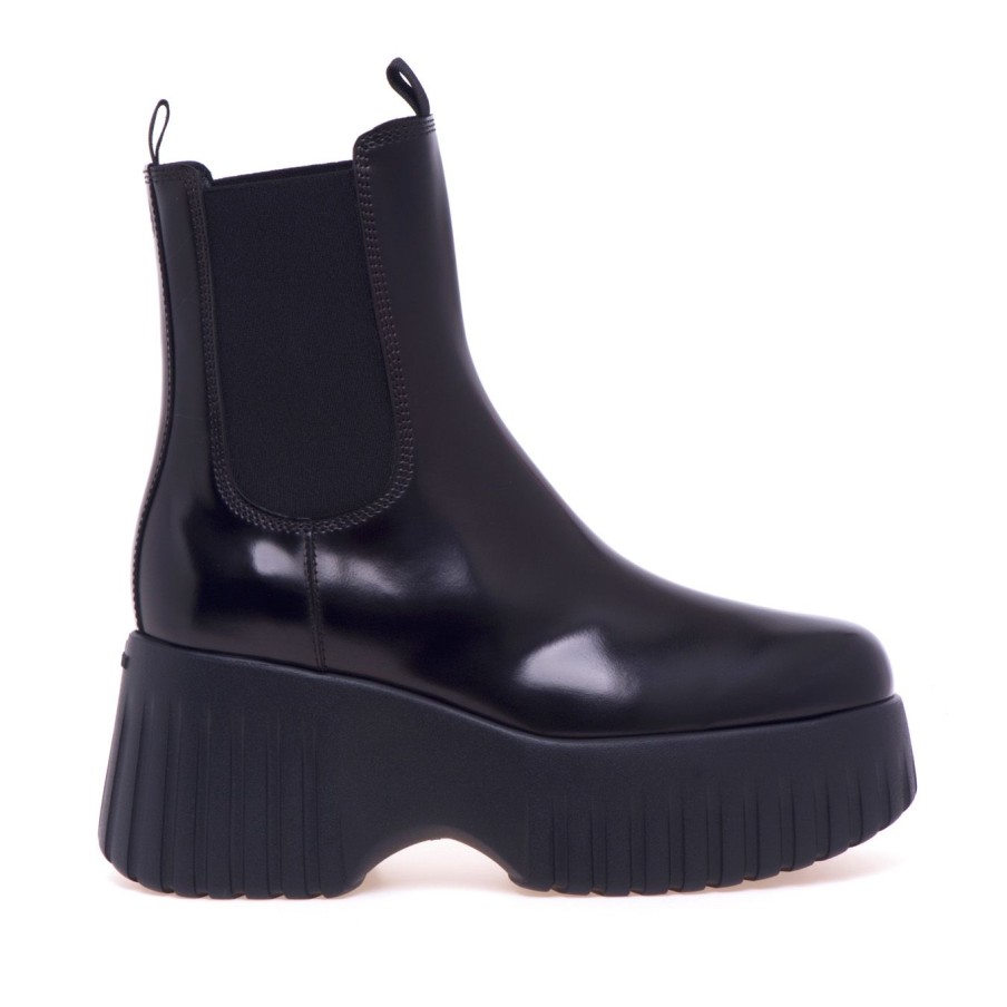 Donna Hogan Tronchetti | Chelsea Boot Hogan H-Stripes 651 In Pelle Spazzolata Con Maxi Platform Nero