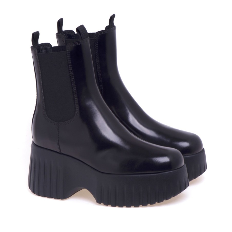 Donna Hogan Tronchetti | Chelsea Boot Hogan H-Stripes 651 In Pelle Spazzolata Con Maxi Platform Nero