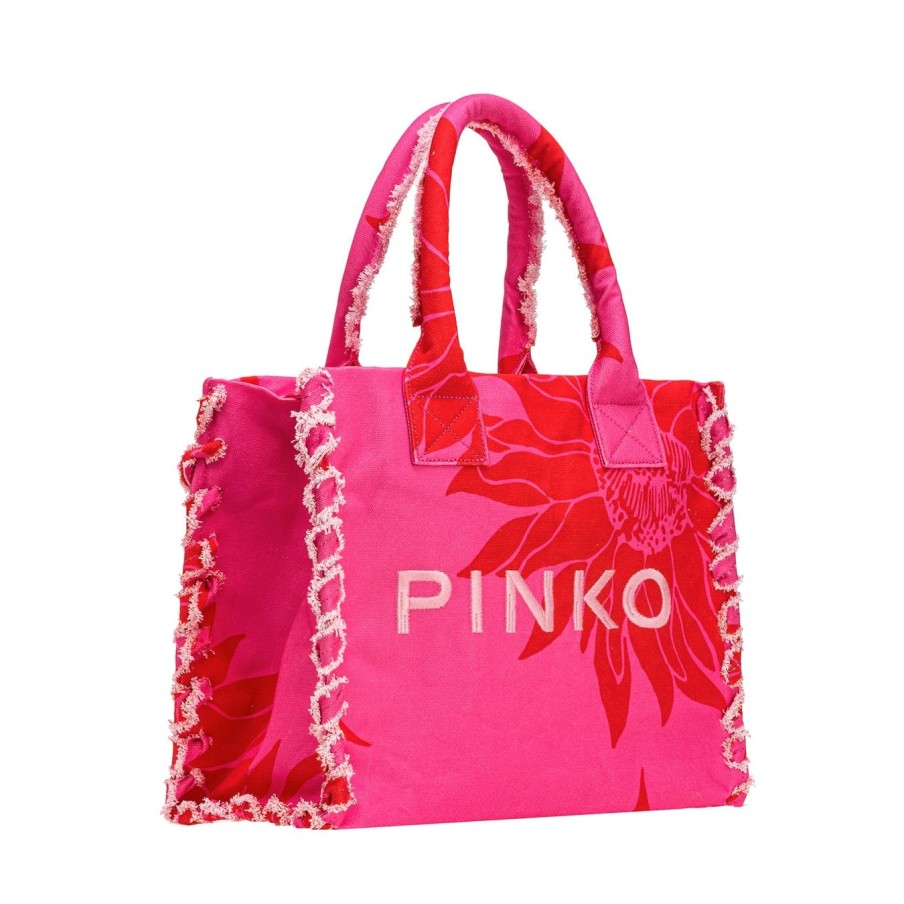 Donna Pinko Borse | Beach Shopping Pinko In Canvas Riciclato E Stampato Rosa - Rosso