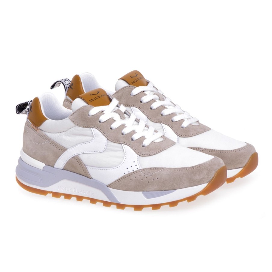 Uomo Voile Blanche Sneakers | Sneaker Voile Blanche "Magg" In Camoscio E Nylon Beige - Bianco