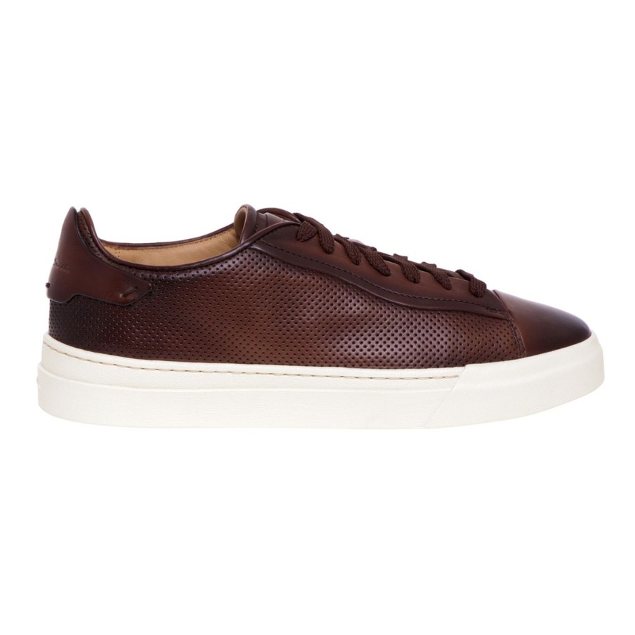 Uomo Santoni Sneakers | Sneaker Santoni In Pelle Microforata Marrone