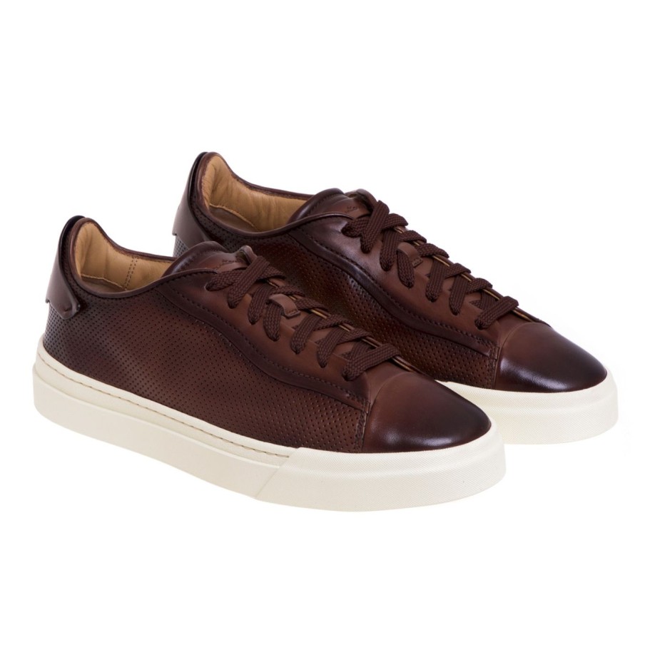 Uomo Santoni Sneakers | Sneaker Santoni In Pelle Microforata Marrone