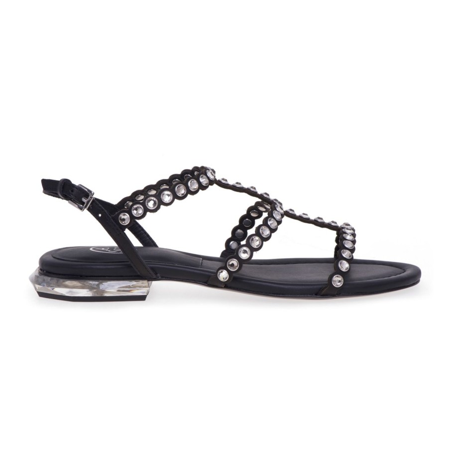 Donna Ash Sandali | Sandalo Flat Ash In Pelle Con Borchie Strass Nero