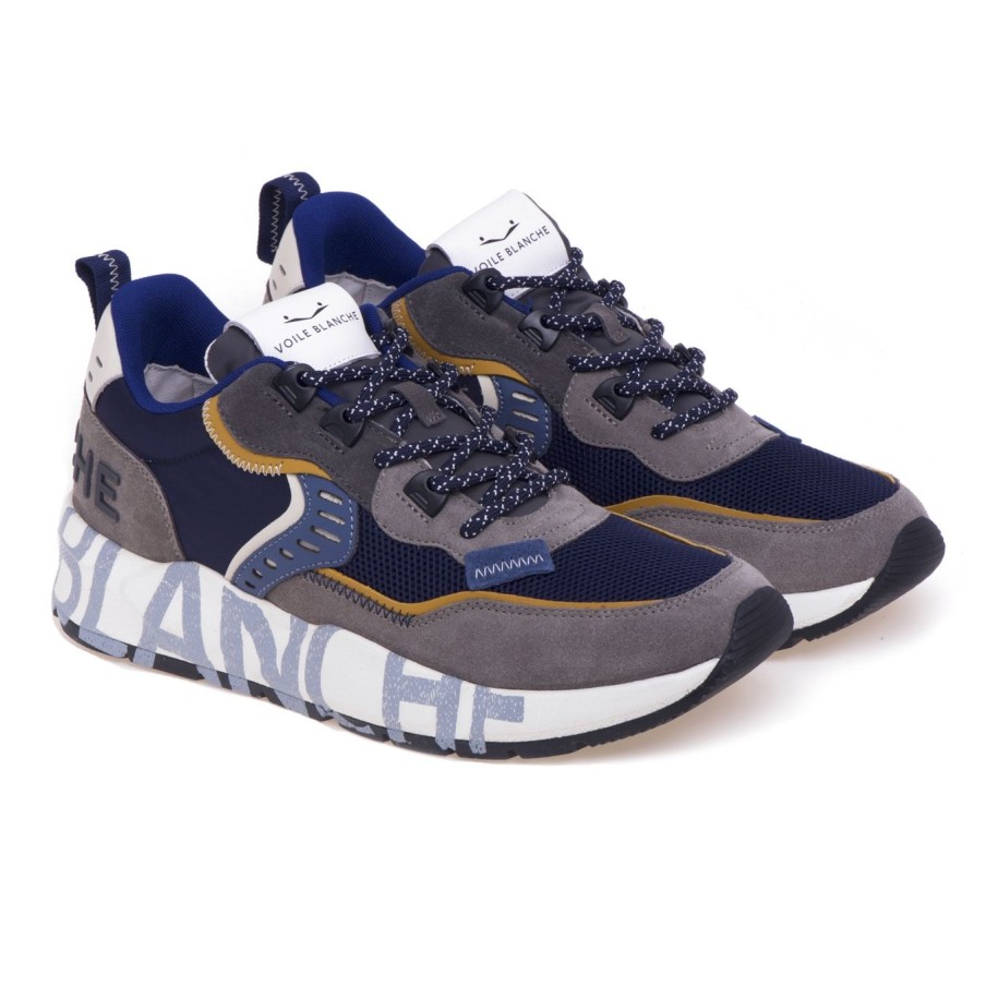 Uomo Voile Blanche Sneakers | Sneaker Voile Blanche Club 01 In Camoscio E Tessuto Con Lettering Sulla Suolagrey - Navy