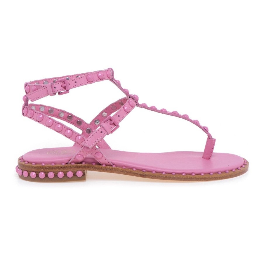 Donna Ash Sandali | Sandalo Con Infradito Ash "Parosbis" In Pelle Con Borchie Tono Su Tono Rosa