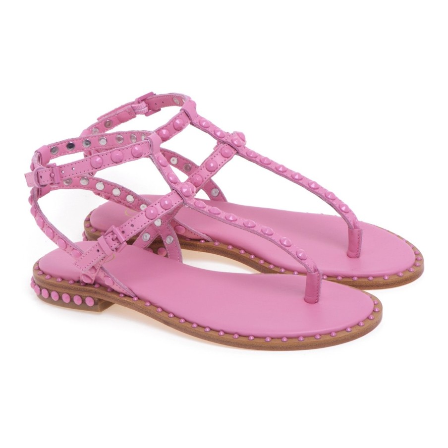 Donna Ash Sandali | Sandalo Con Infradito Ash "Parosbis" In Pelle Con Borchie Tono Su Tono Rosa