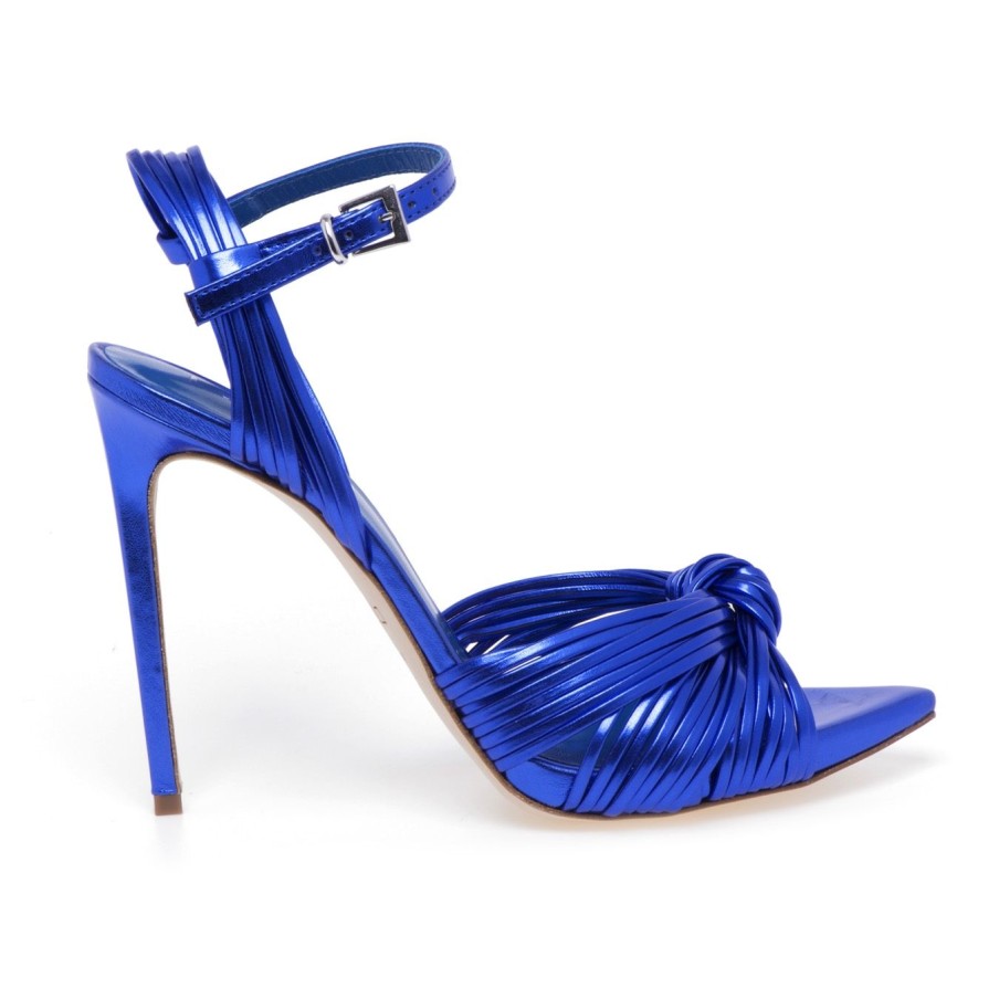 Donna Ncub Sandali | Sandalo Ncub In Pelle Laminata Con Mignon Annodati E Tacco 120 Mm Bluette