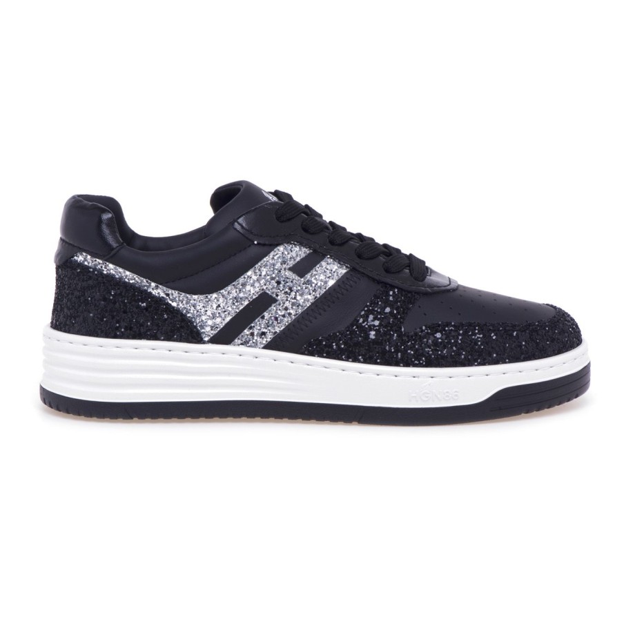 Donna Hogan Sneakers | Sneaker Hogan Basket H630 In Pelle E Glitter Nero