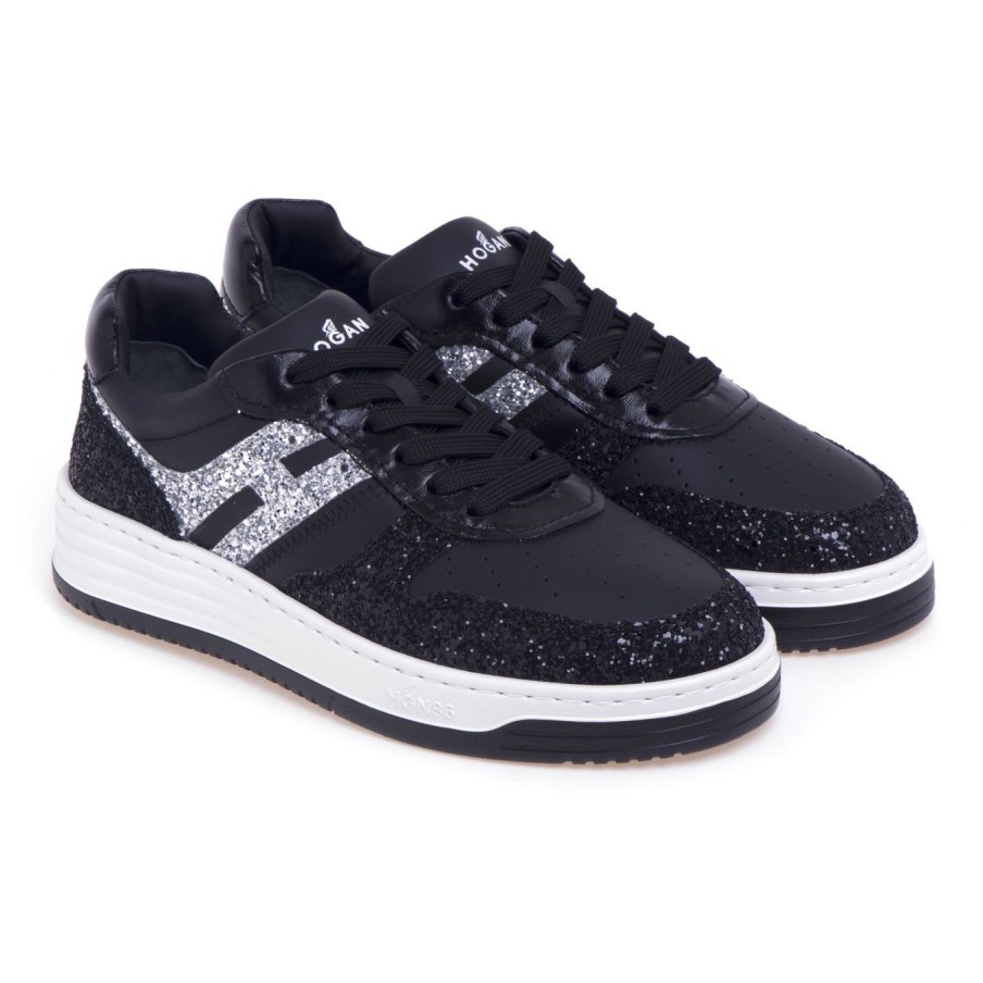 Donna Hogan Sneakers | Sneaker Hogan Basket H630 In Pelle E Glitter Nero