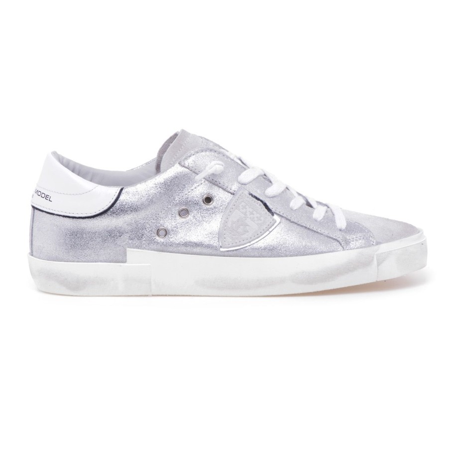 Donna Philippe Model Sneakers | Sneaker Philippe Model Prsx In Pelle Laminata Argento