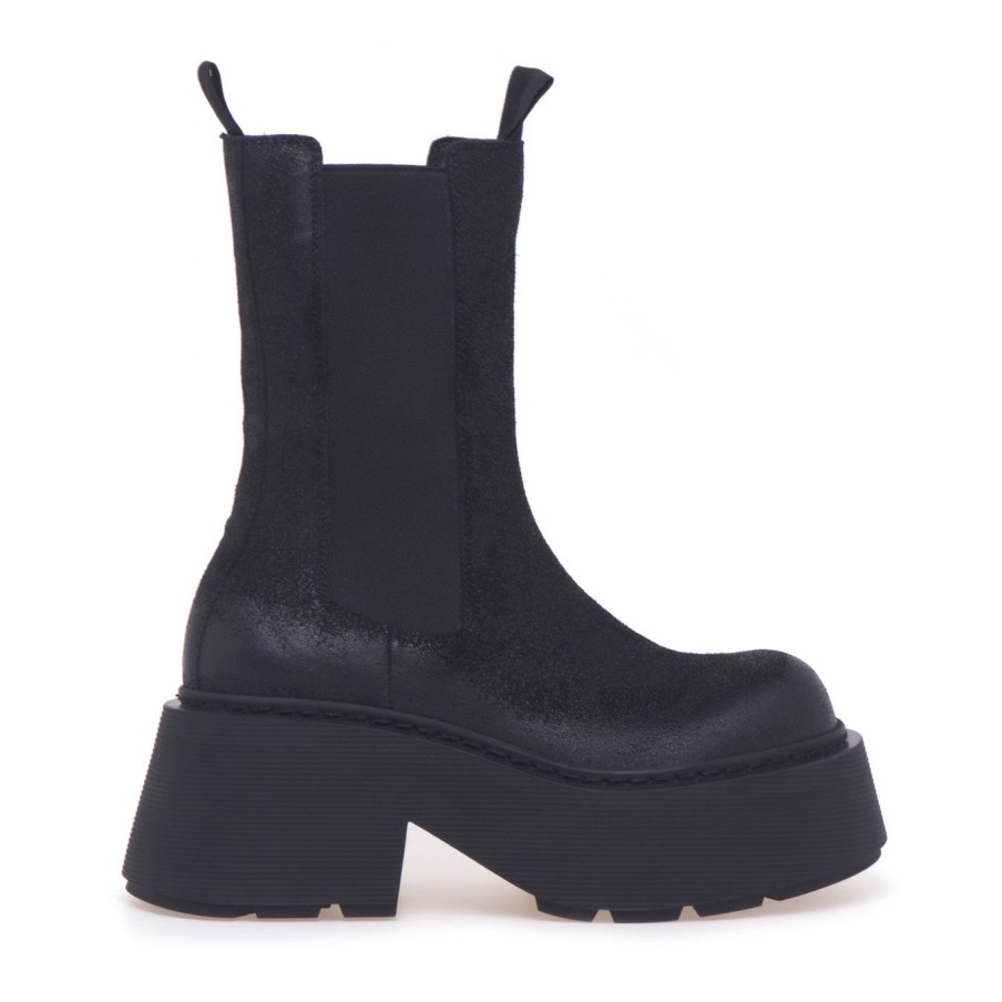 Donna Vic Matie' Tronchetti | Chelsea Boot Vic Matie In Camoscio Ingrassato Con Maxi Platform Nero