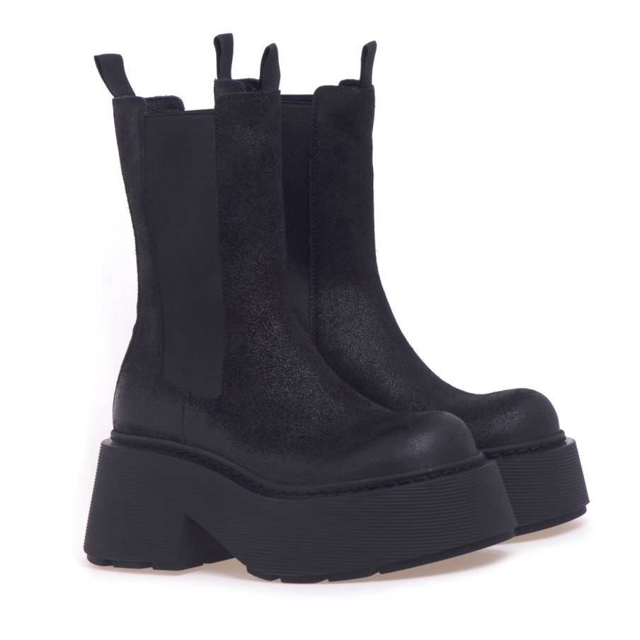 Donna Vic Matie' Tronchetti | Chelsea Boot Vic Matie In Camoscio Ingrassato Con Maxi Platform Nero