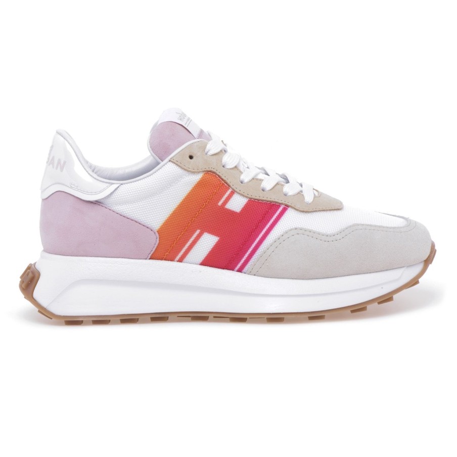 Donna Hogan Sneakers | Sneaker Hogan H641 H Sfumata In Camoscio E Tessuto Bianco - Rosa