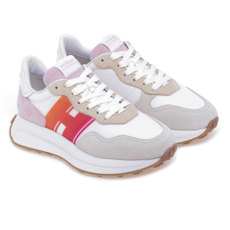 Donna Hogan Sneakers | Sneaker Hogan H641 H Sfumata In Camoscio E Tessuto Bianco - Rosa