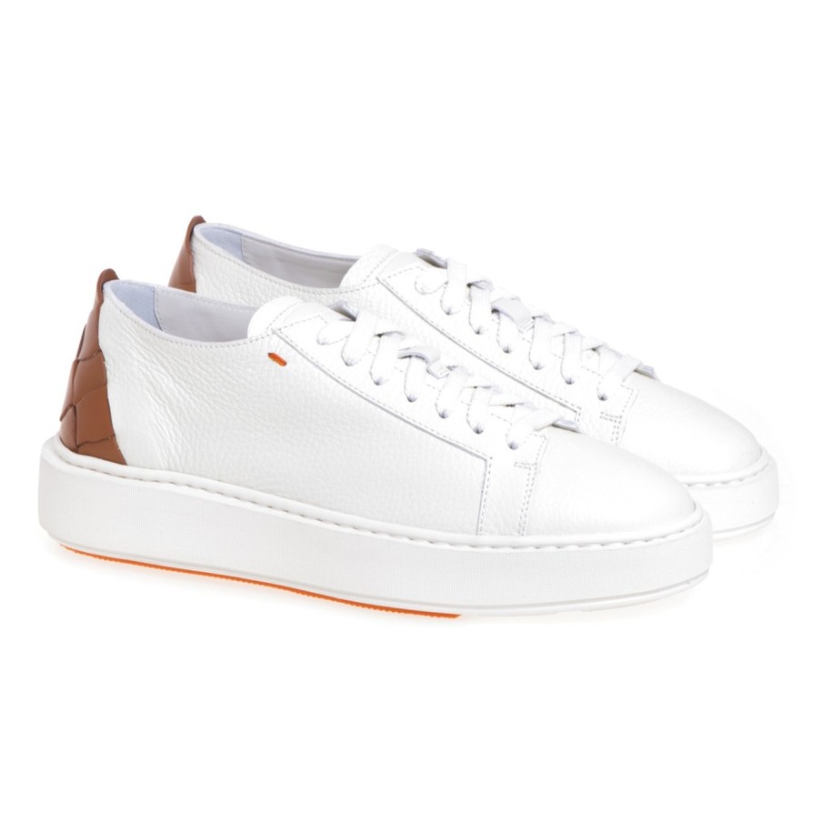 Donna Santoni Sneakers | Sneaker Santoni 'Cleanic' In Pelle Con Intreccio Sul Tallone Bianco - Marrone