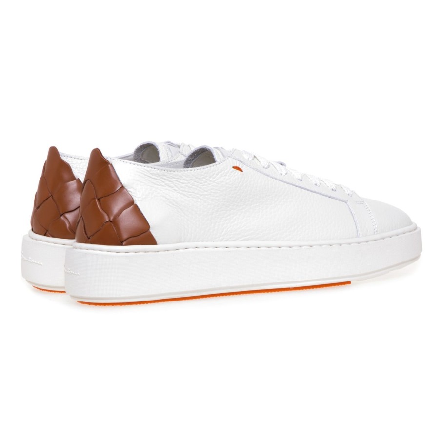 Donna Santoni Sneakers | Sneaker Santoni 'Cleanic' In Pelle Con Intreccio Sul Tallone Bianco - Marrone