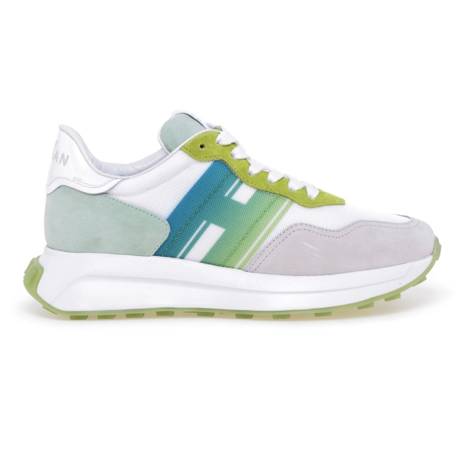 Donna Hogan Sneakers | Sneaker Hogan H641 H Sfumata In Camoscio E Tessuto Bianco - Verde