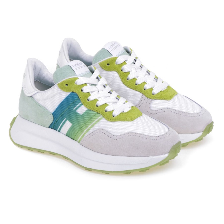 Donna Hogan Sneakers | Sneaker Hogan H641 H Sfumata In Camoscio E Tessuto Bianco - Verde