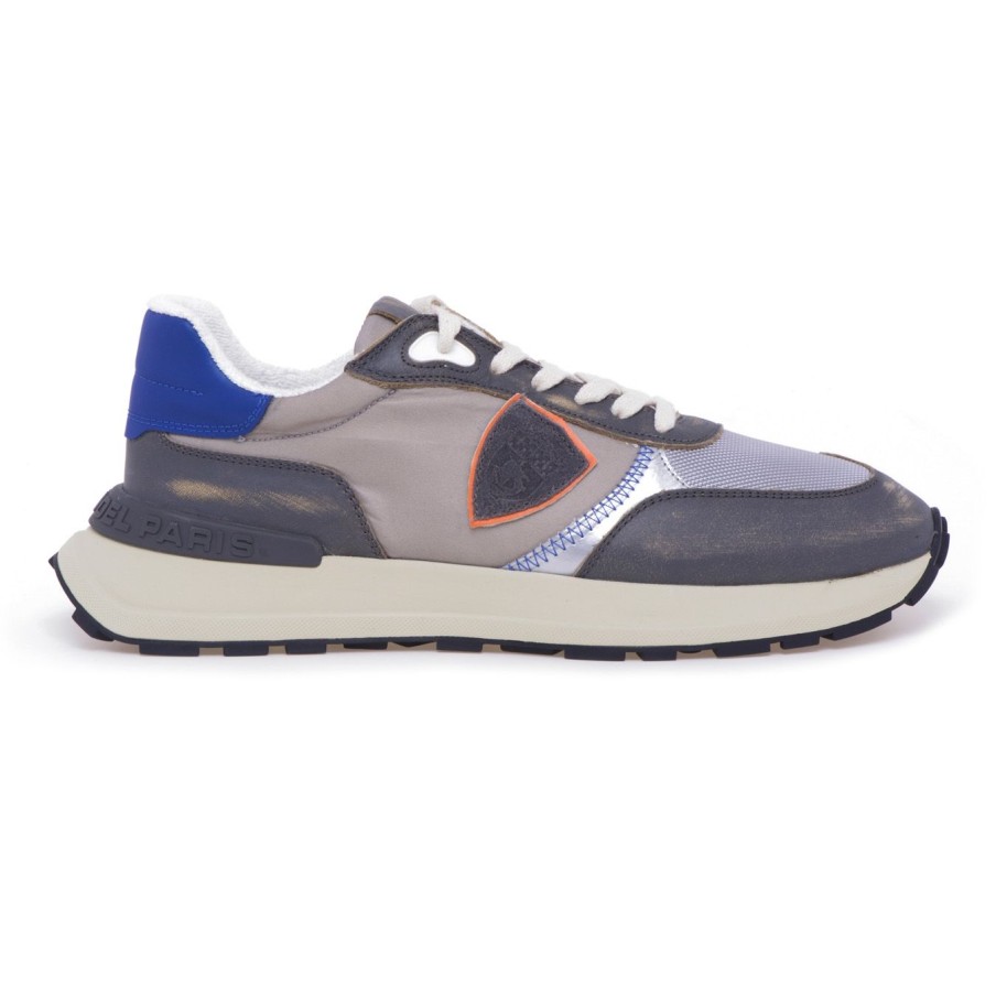 Uomo Philippe Model Sneakers | Sneaker Philippe Model Antibes In Pelle Effetto Vintage E Tessuto Antracite