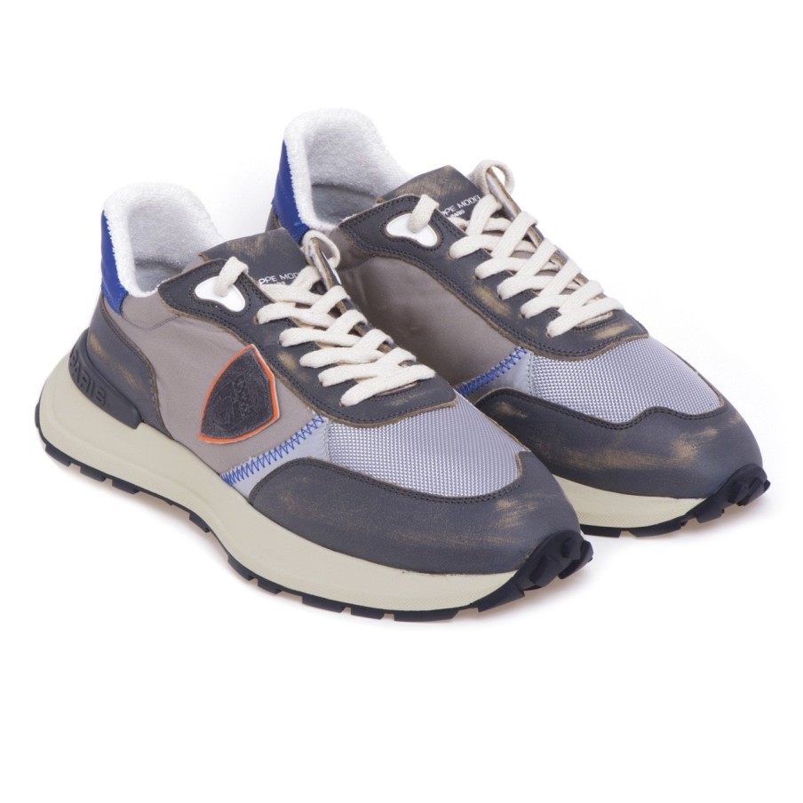 Uomo Philippe Model Sneakers | Sneaker Philippe Model Antibes In Pelle Effetto Vintage E Tessuto Antracite