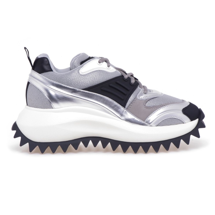 Donna Vic Matie' Sneakers | Sneaker Vic Matie In Pelle Laminata E Tessuto Con Suola Sega Argento