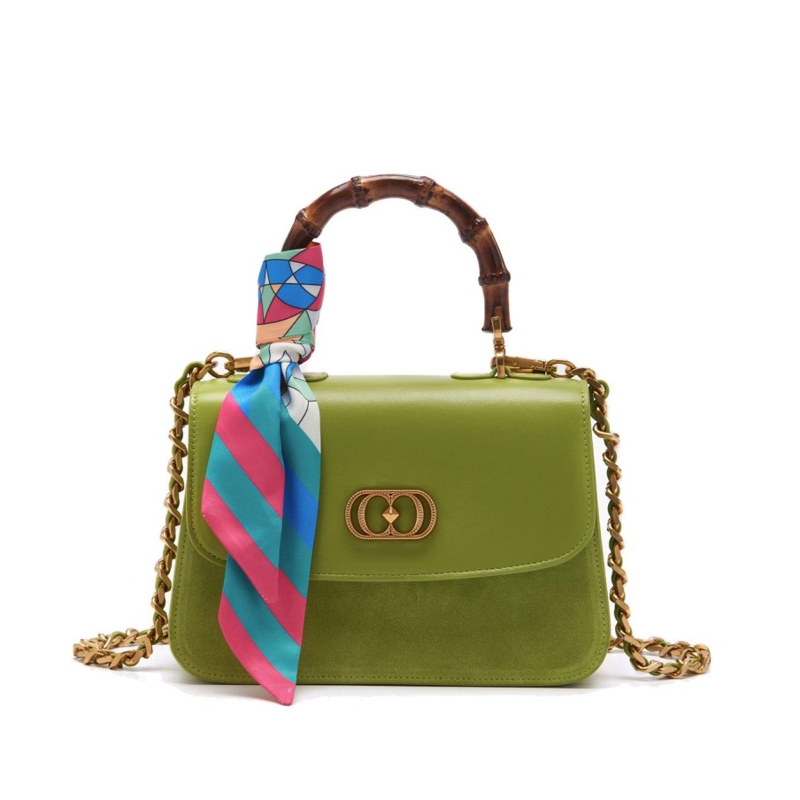 Donna La Carrie Borse | Borsa A Mano La Carrie In Pelle E Camoscio Con Manico Bamboo Verde