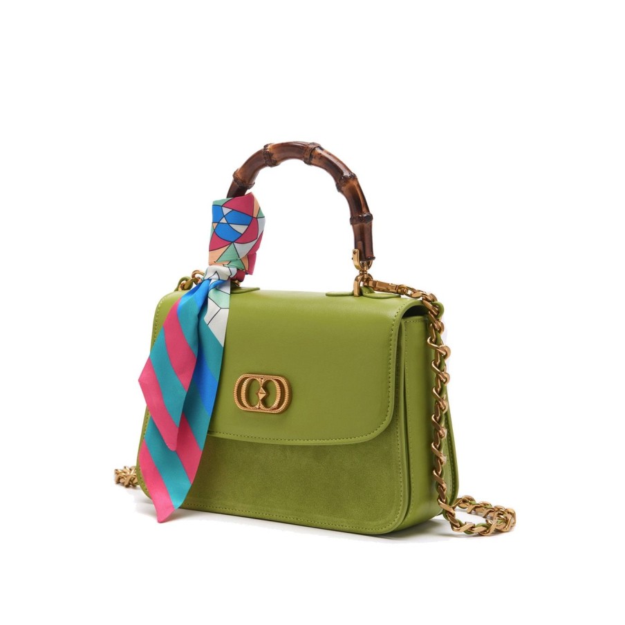 Donna La Carrie Borse | Borsa A Mano La Carrie In Pelle E Camoscio Con Manico Bamboo Verde