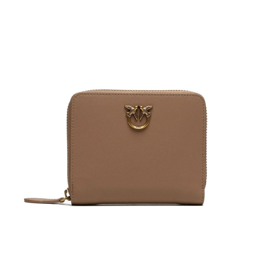 Donna Pinko Portafoglio | Portafoglio Piccolo Zip Around Pinko In Pelle Beige