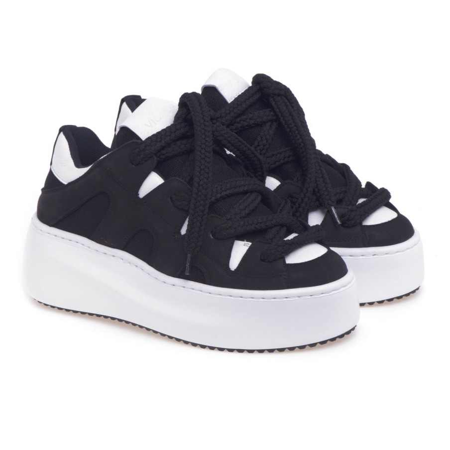 Donna Vic Matie' Sneakers | Sneaker Vic Matie In Nabuck E Tessuto Con Maxi Laccio Nero