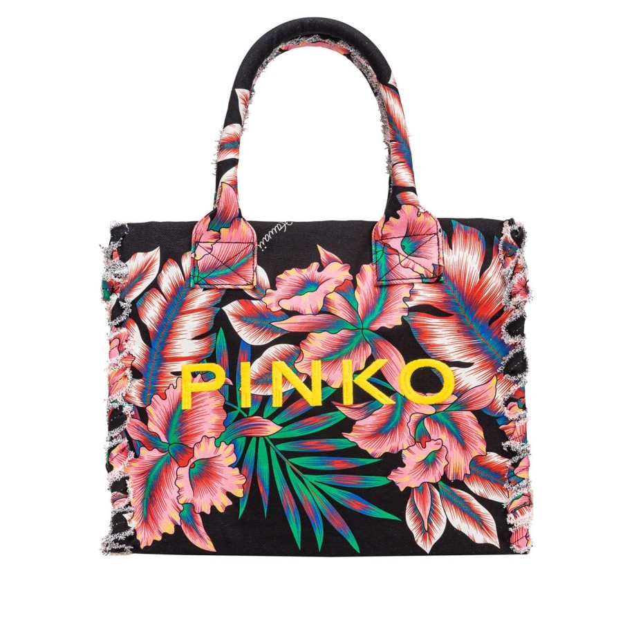 Donna Pinko Borse | Beach Shopping Pinko In Canvas Riciclato E Stampato Mult. Nero - Rosso