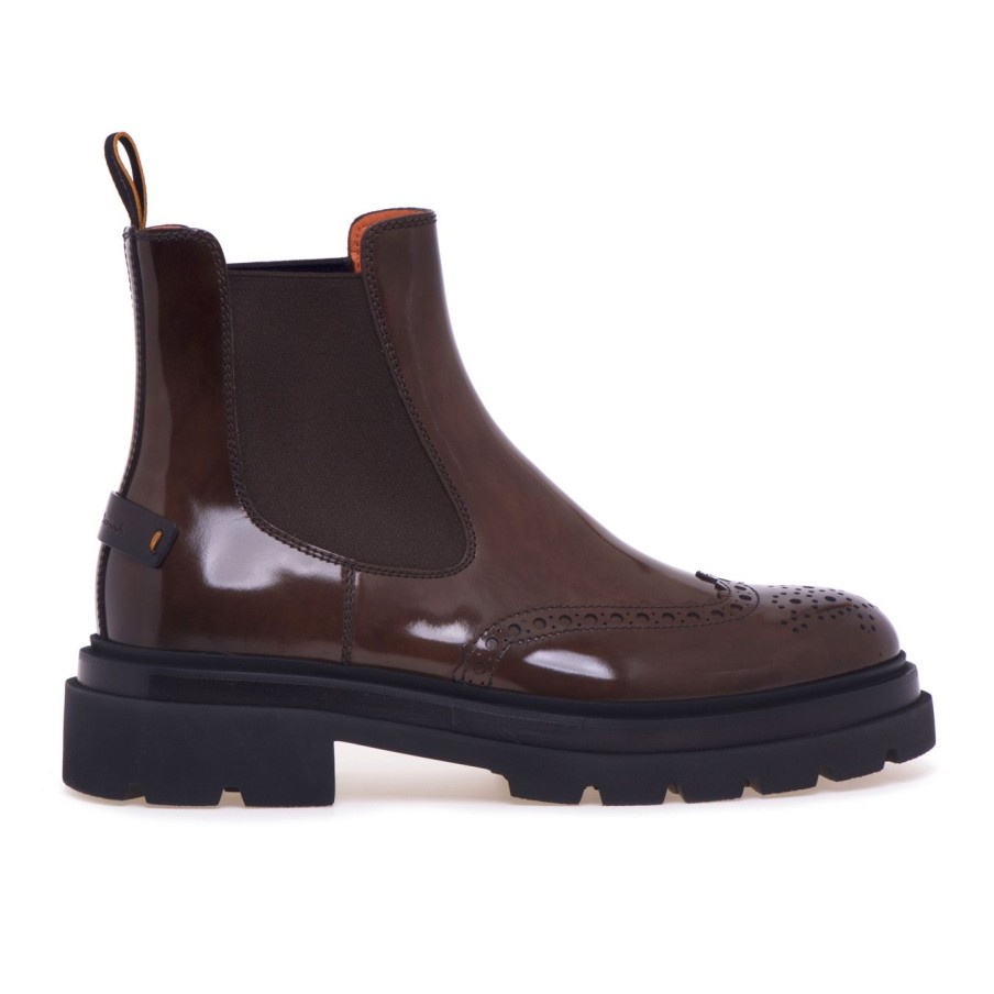 Uomo Santoni Polacchi | Chelsea Boot Stile Inglese Santoni In Pelle Lucida Effetto Anticato T. Moro