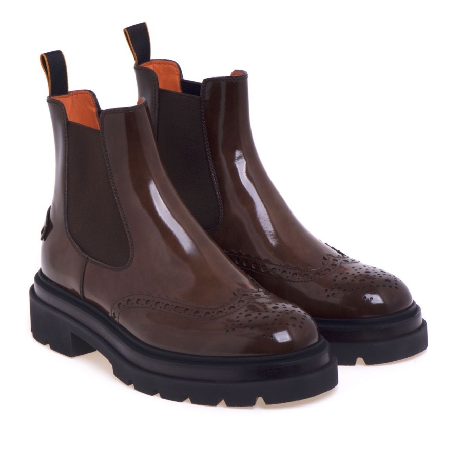 Uomo Santoni Polacchi | Chelsea Boot Stile Inglese Santoni In Pelle Lucida Effetto Anticato T. Moro